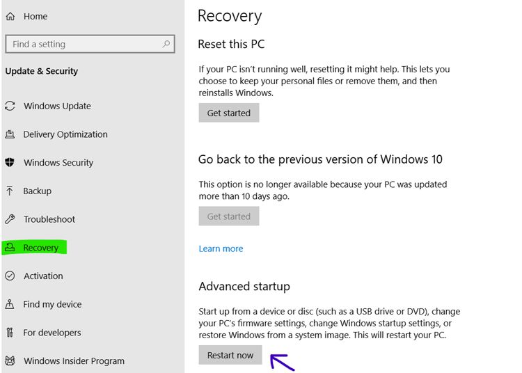 setting windows recovery